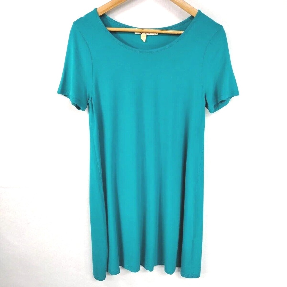 Aryeh Women M Shirt Dress Teal Short Sleeve Round Neck Stretch Casual Cocktail